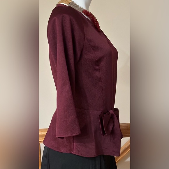 Ann Taylor Burgundy 3/4 Sleeves Front Bow Light Material No Tag Sz M. Zip OnSide - Picture 3 of 11